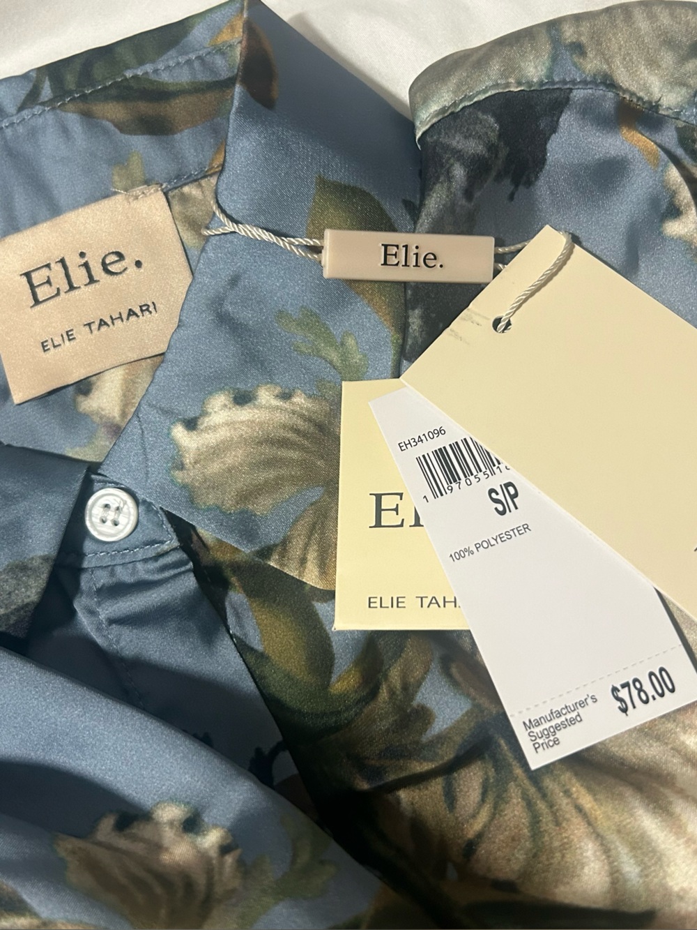 Elie Tahari Dusty Blue Floral Satin Blouse
